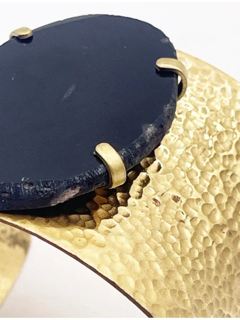 Hammered Brass Black Onyx 2” Wide Cuff Bracelet Artisan Boho Statement Chunky